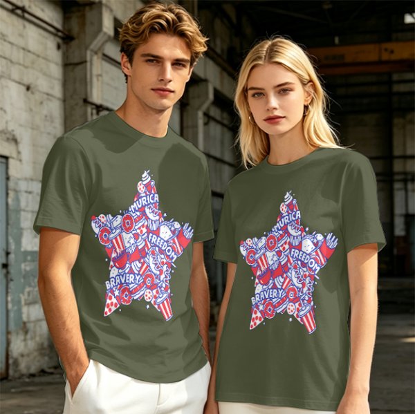 Olive T-Shirt With Patriotic Star Fast Food Print