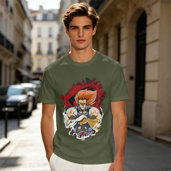 Olive T-Shirt with Retro Anime Lion Character Graphic