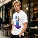 Olive T-shirt with Art Print of Girl Holding Blue Creature on Floating Rock