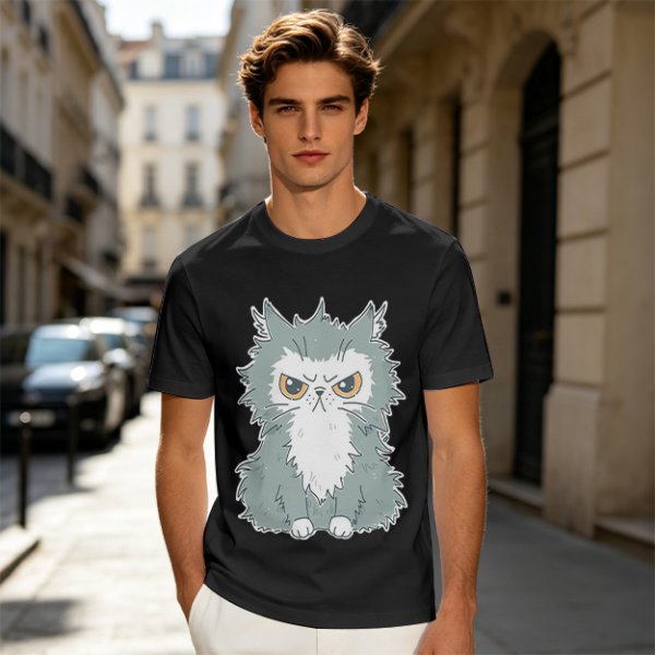 Olive T-shirt with Grumpy Fluffy Gray Cat Graphic Print