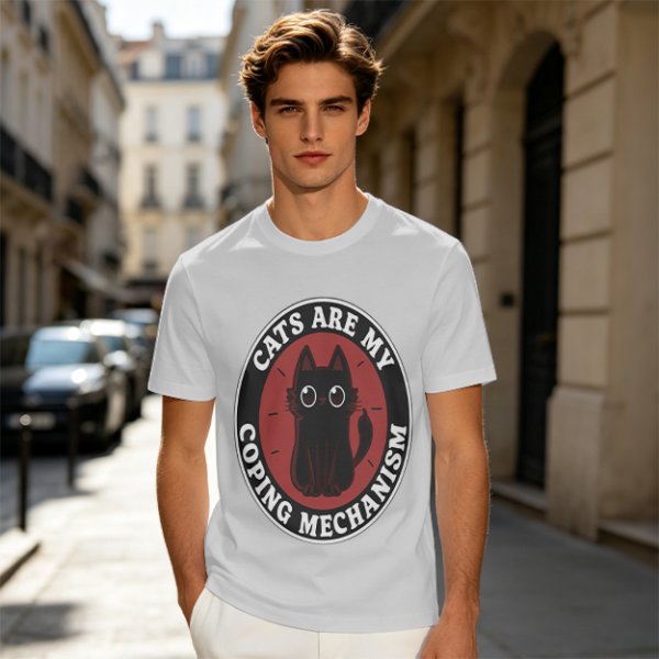 Olive t-shirt with 'Cats Are My Coping Mechanism' and black cat graphic