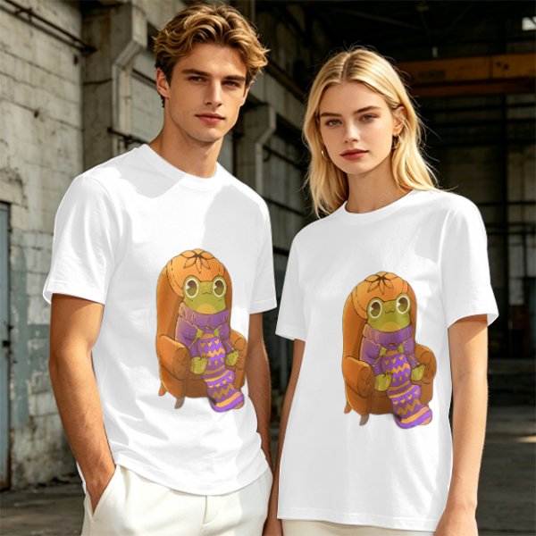 Olive Green T-Shirt with Cozy Frog in Pumpkin Hat Graphic