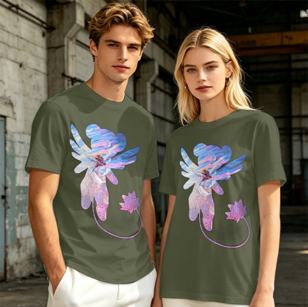 Olive T-Shirt With Whimsical Winged Creature Art Print
