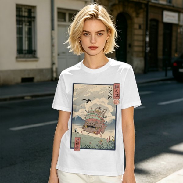 Olive t-shirt with ukiyo-e style Howl's Moving Castle print