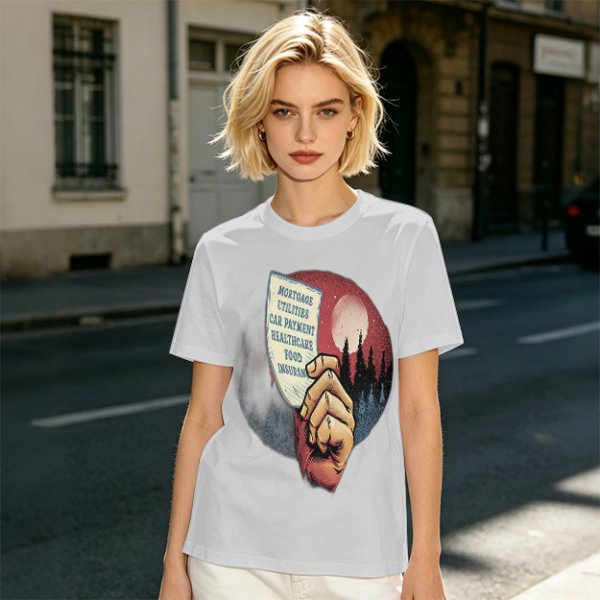 Olive T-Shirt With Hand Holding Bill Of Monthly Expenses Art