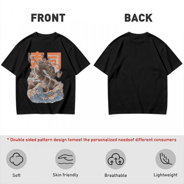 Olive T-shirt with Sushi Dragon Wave Graphic Print