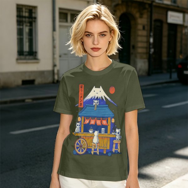 Olive t-shirt with cat ramen stall and Mount Fuji graphic