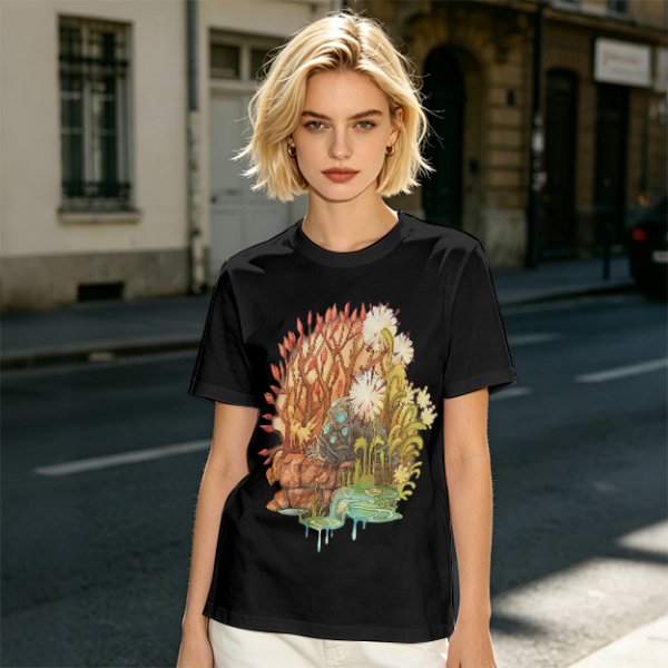 Olive Green T-Shirt with Whimsical Nature Floral and Rock Art Print