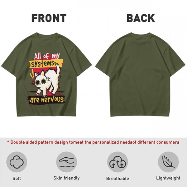 Olive graphic t-shirt with nervous white cat and 'All of my systems are nervous' text