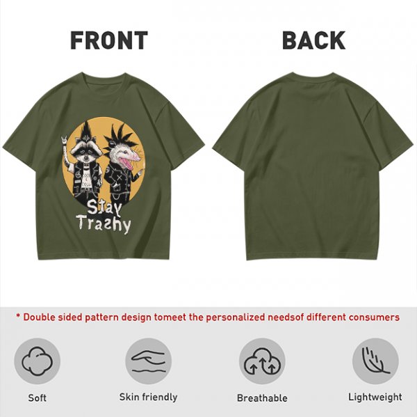 Olive graphic tee with punk raccoon and opossum 'Stay Trashy' print