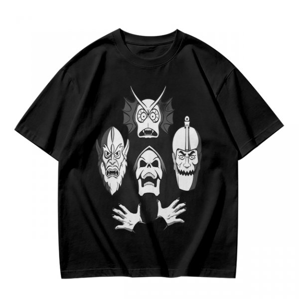 Olive T-shirt with Four Dark Fantasy Villain Heads Graphic Print