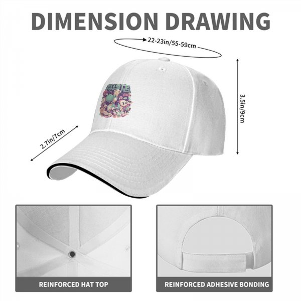 Black baseball cap with cute dinosaur chef and anime character graphic