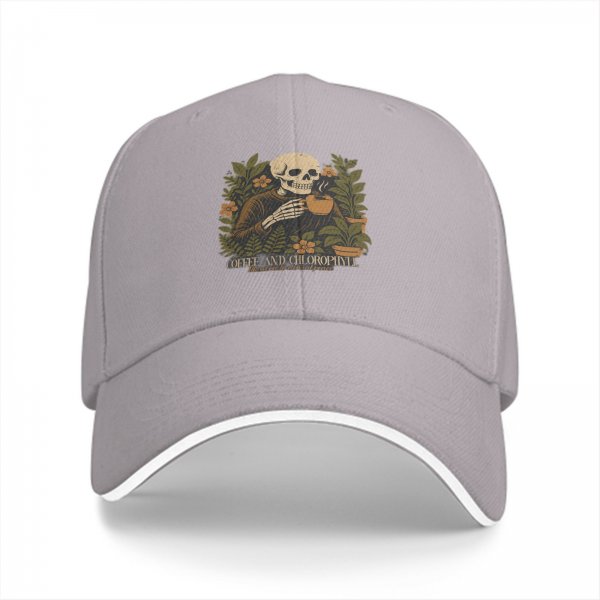 Black baseball cap with skeleton holding coffee and plants design