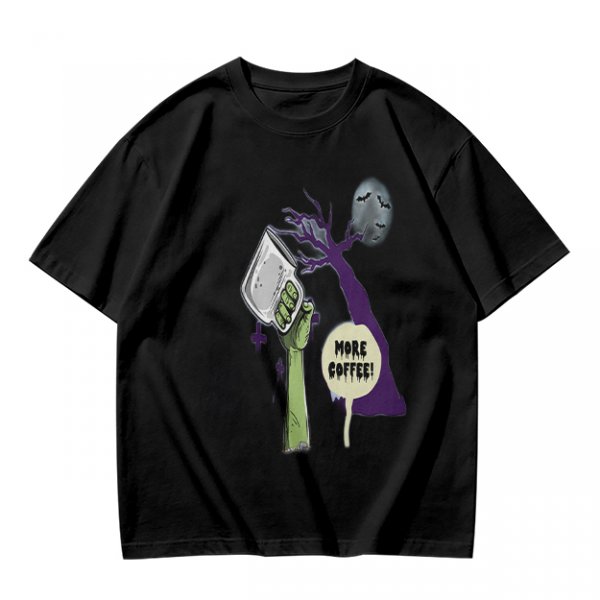 Olive Zombie Hand Holding Coffee Mug 'More Coffee!' Graphic T-Shirt