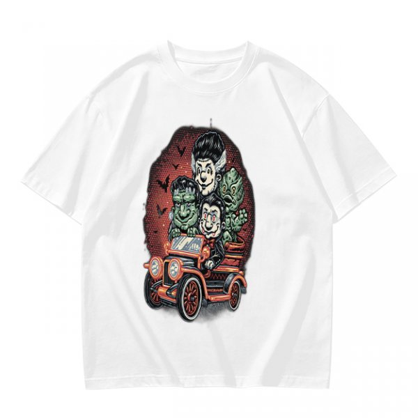 Halloween Monster Characters Driving Vintage Car Graphic T-Shirt