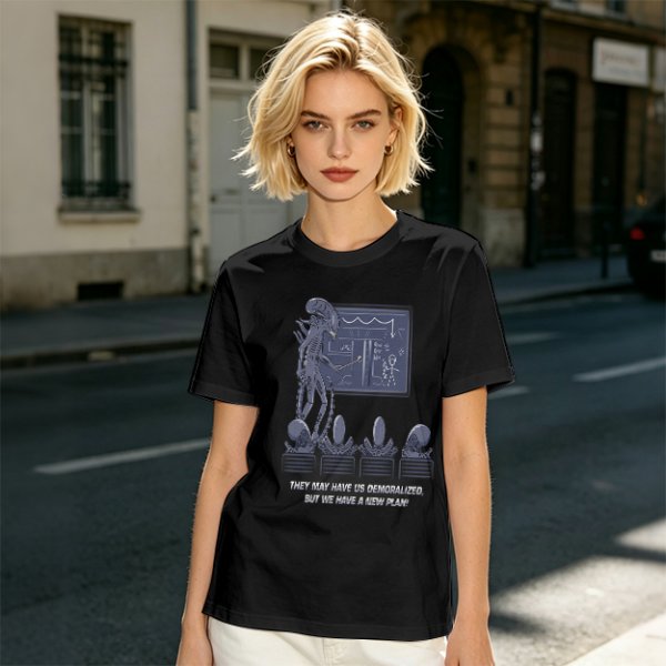 Olive green t-shirt with alien teaching plan graphic and funny text