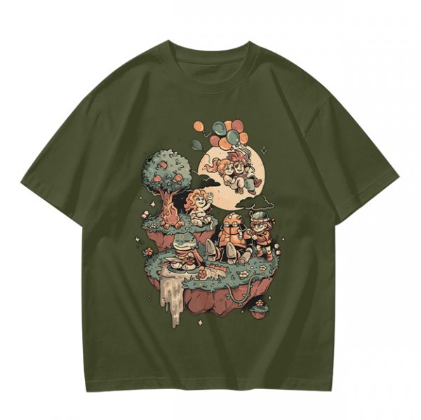 Olive T-Shirt With Whimsical Floating Island Children Art Print
