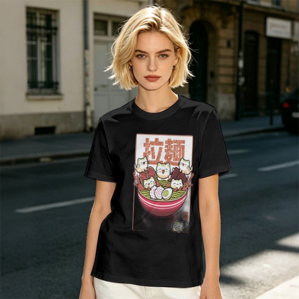 Olive T-Shirt With Cute Ramen Cat Bowl Graphic Print