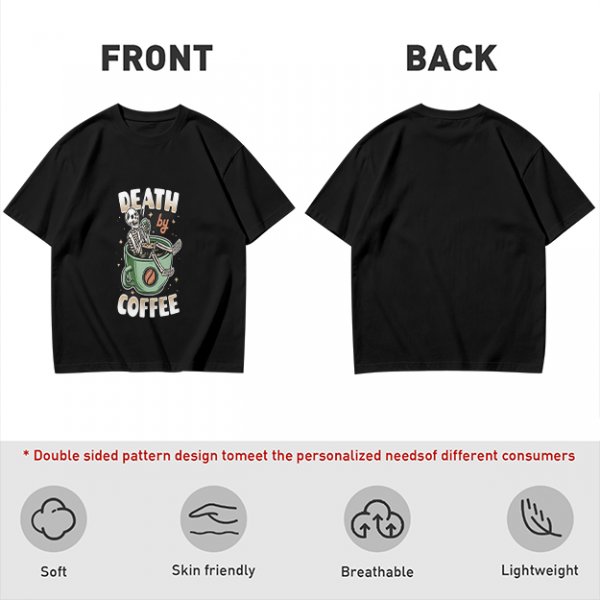 Oversized Army Green T-Shirt With 'Death By Coffee' Skeleton Print