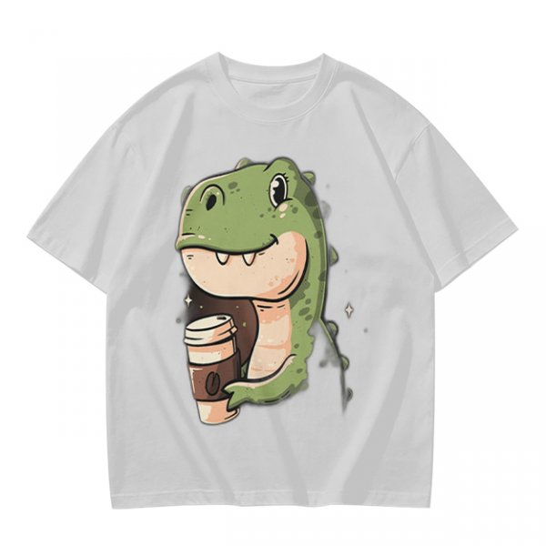 Olive T-shirt with Cute Dinosaur Holding Coffee Print