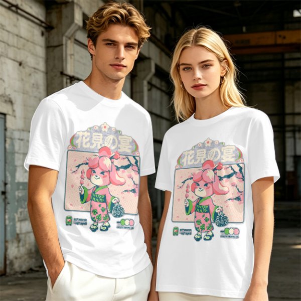 Olive green t-shirt with cherry blossom festival dog character print