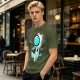 Olive T-Shirt with Astronaut Cat and Fish Graphic Print