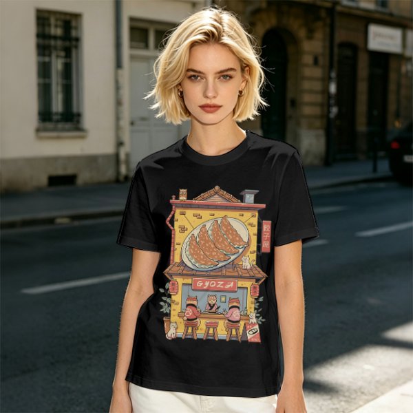 Olive T-Shirt With Cat Gyoza Restaurant Illustration