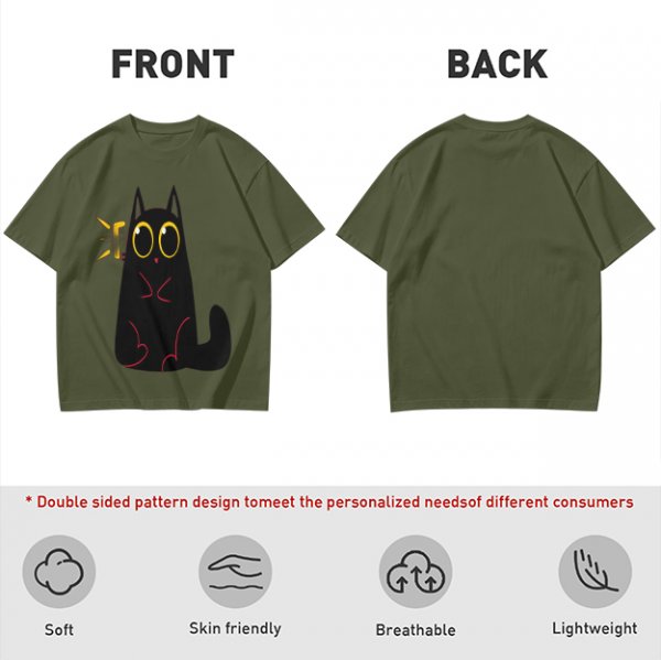 Olive Green T-Shirt With Surprised Black Cat Graphic Print