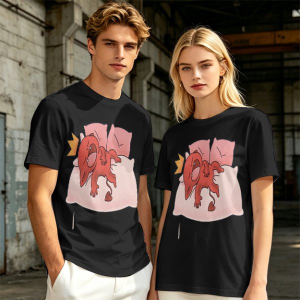 Olive T-Shirt With Cute Red Imp Yawning On Pillows Print