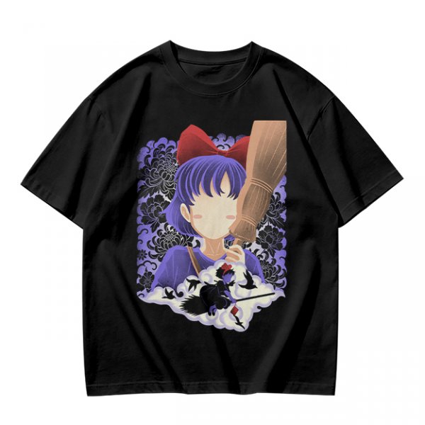 Olive T-Shirt With Witch Anime Girl and Cat Silhouette Print