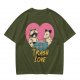 Olive Graphic T-Shirt with Raccoon and Opossum Trash Love Design