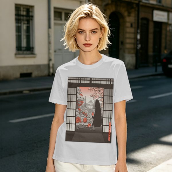 Olive T-Shirt with Japanese Shinto-inspired Window Landscape Print