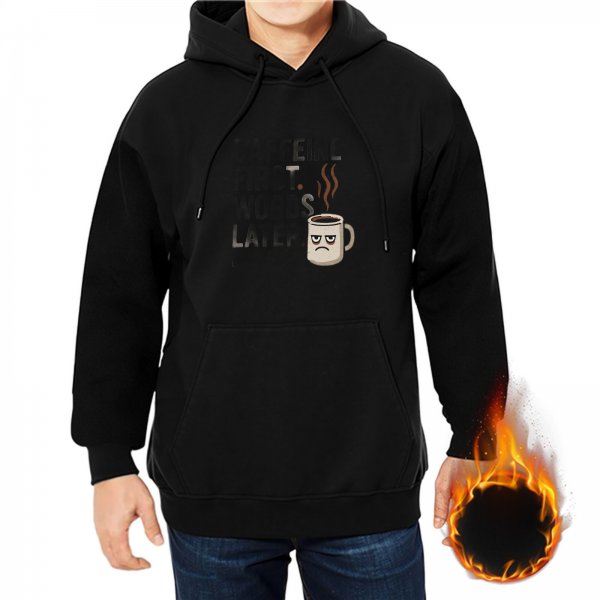 Black graphic hoodie with grumpy coffee mug print