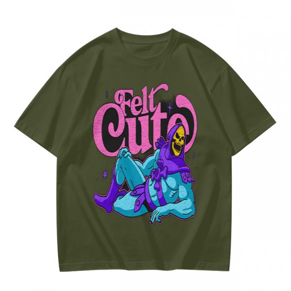 Olive t-shirt with 'Felt Cute' Skeletor graphic print