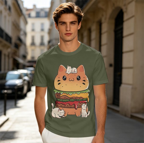 Olive T-Shirt With Cute Cat Burger And Kittens Print
