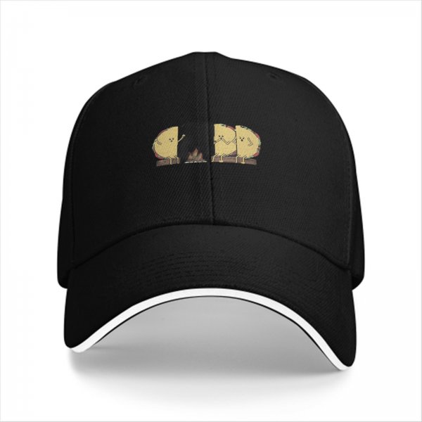 Black baseball cap with cartoon tacos gathered around a campfire graphic