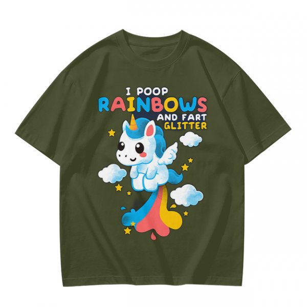Olive t-shirt with playful unicorn rainbow poop and glitter fart graphic