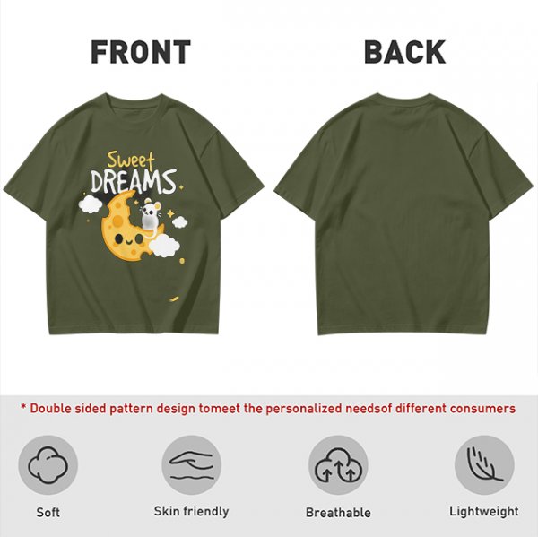 Olive t-shirt with sweet dreams cheese moon and mouse graphic