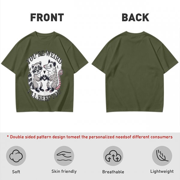 Olive T-Shirt With Raccoon and Opossum Weird Love Graphic