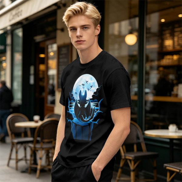 Olive T-Shirt Featuring Dragon Silhouette Under Full Moon