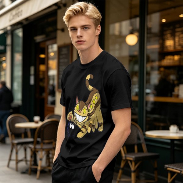 Olive T-shirt with Catbus and Soot Sprite Anime Print