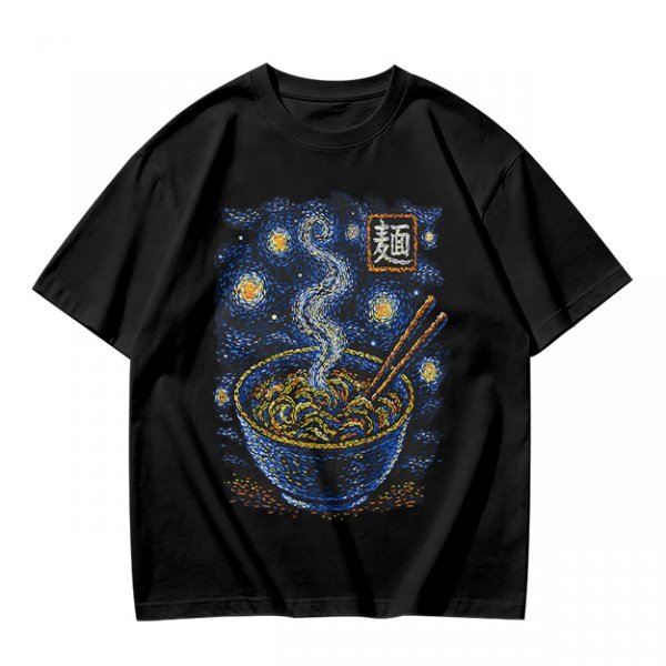 Olive t-shirt with starry night ramen bowl graphic