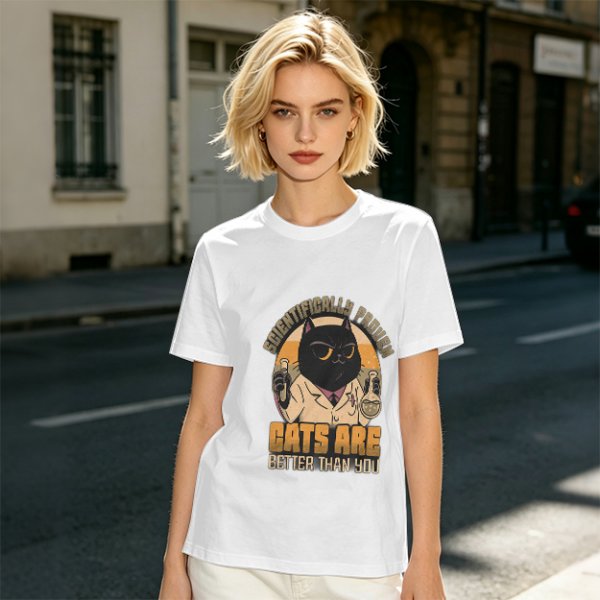 Olive green t-shirt with scientifically proven cats are better than you cat scientist print