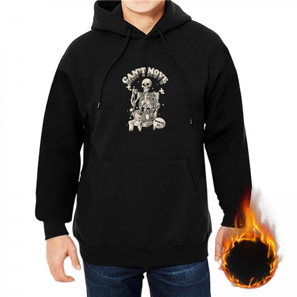 Black hoodie with skeleton graphic and 'CAN'T MOVE' print
