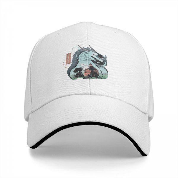 Black baseball cap with dragon and anime character graphic print