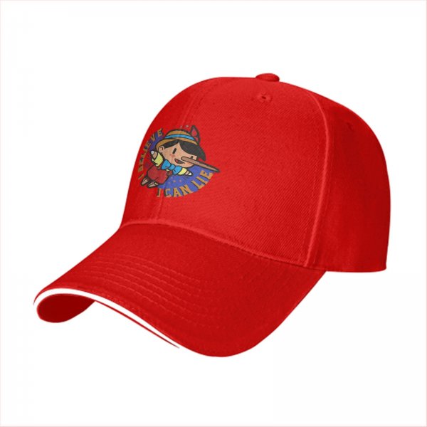 Black baseball cap with Pinocchio 'I Believe I Can Lie' graphic print