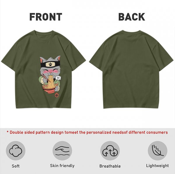Olive green t-shirt with a ninja cat eating ramen graphic