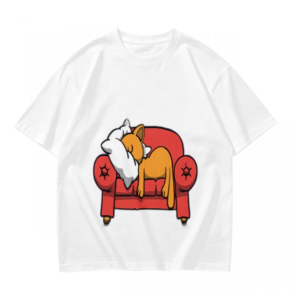 Olive green t-shirt with a sleeping orange cat on a red armchair print