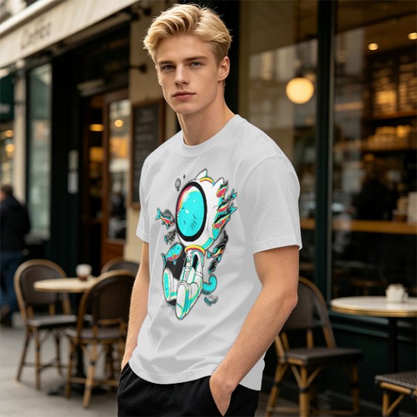 Olive T-Shirt with Astronaut Cat and Fish Graphic Print