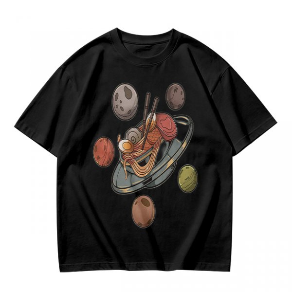 Olive green t-shirt with ramen planet space graphic print